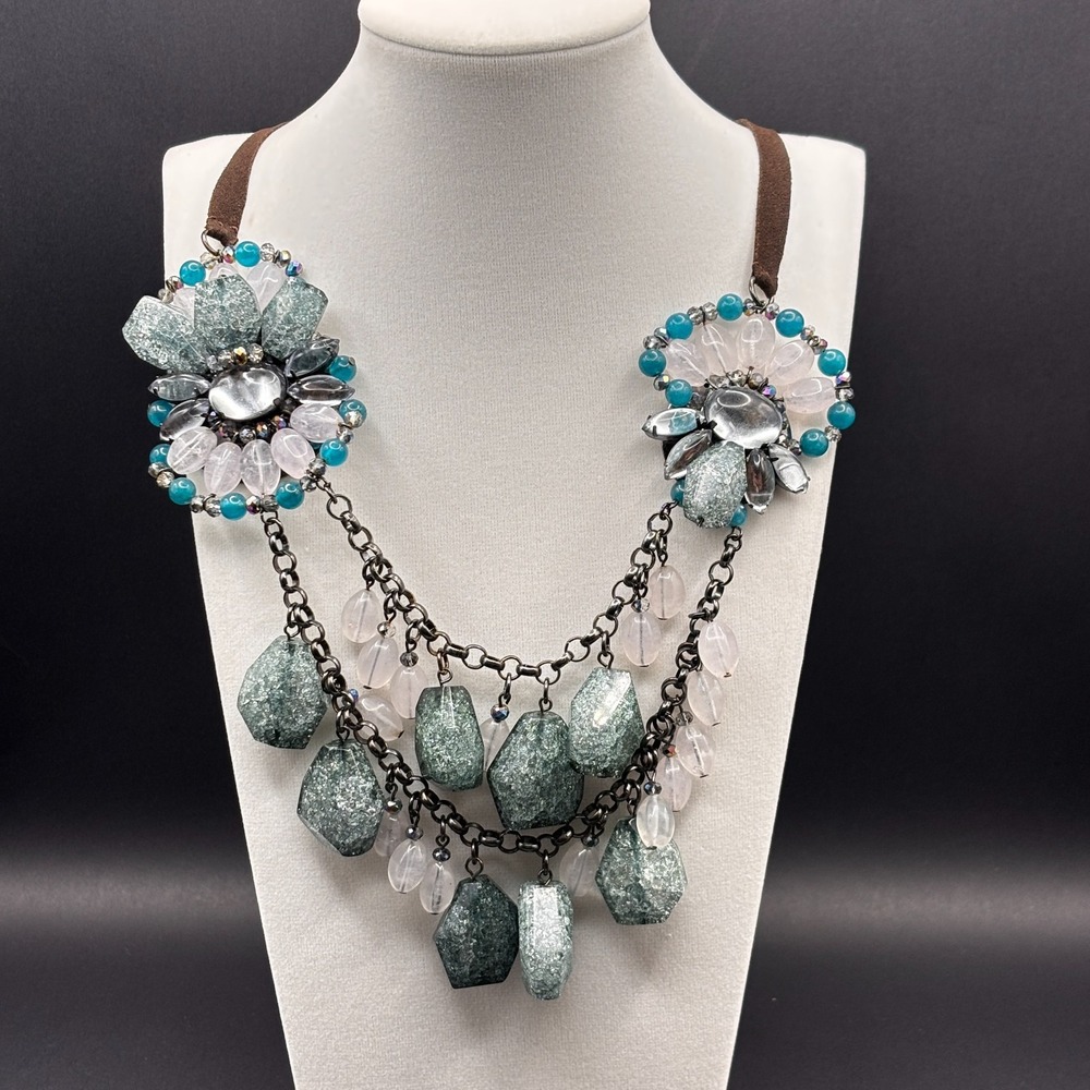 VTG Gunmetal Tone Green Crackle Quartz Style Bib Necklace Multi Chain Statement